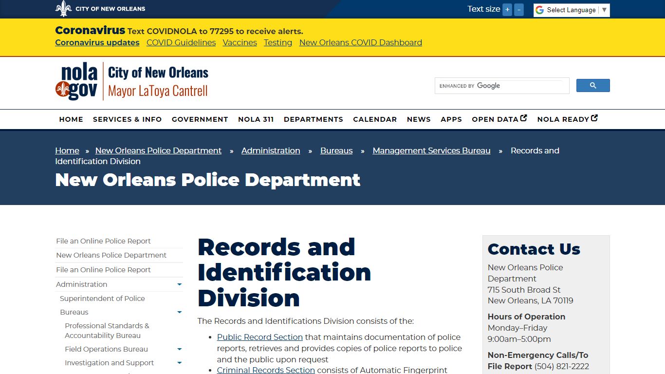 Records and Identification Division - City of New Orleans